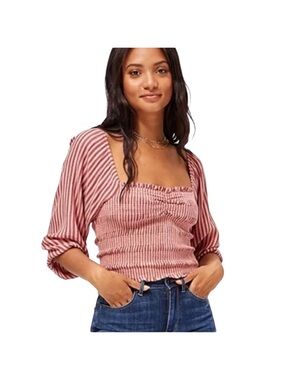 American Eagle red pink striped smocked crop top with long sleeves boho peasant